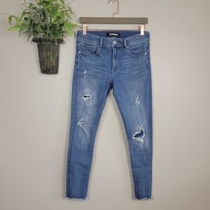 Express 6 Ankle Legging Mid Rise Distressed Patch Frayed Medium Wash Jeans
